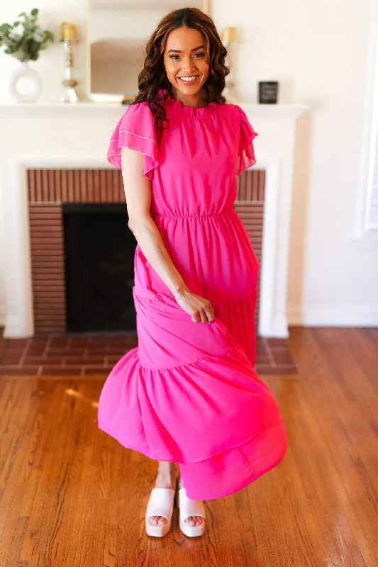 Hot Pink Mock Neck Tiered Chiffon Maxi Dress