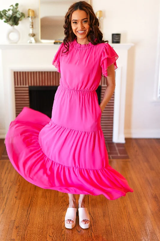 Hot Pink Mock Neck Tiered Chiffon Maxi Dress