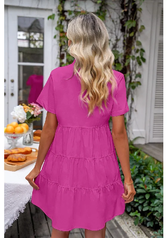 Hot Pink Women's Short Sleeve Button Down Babydoll Dress A-Line Tunic Dress