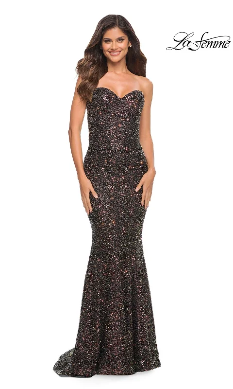 La Femme Long Black Sequin Strapless Prom Dress