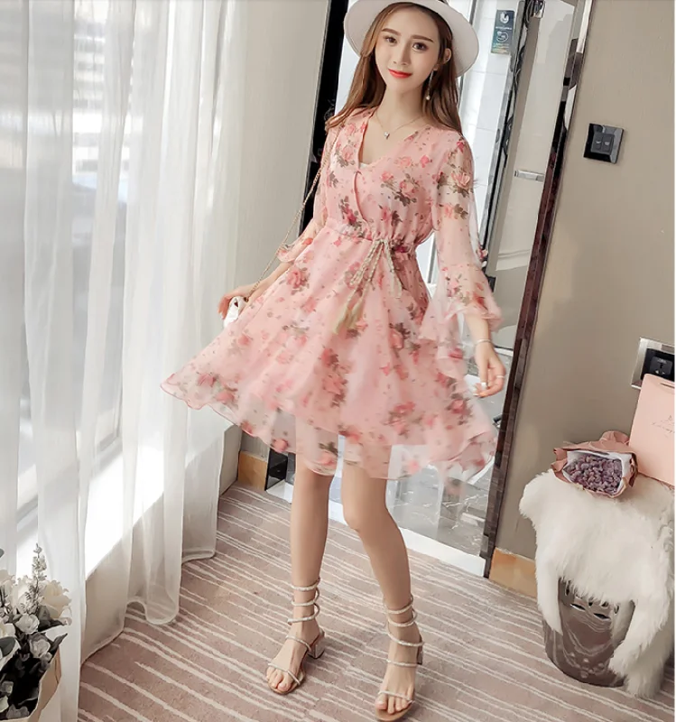 Lady Elegant Chiffon Dress Summer High Elastic Waist Ruffles Sleeve V-neck   S552