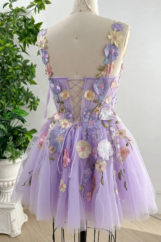 Lavender Embroidery Floral Corset Mini Dress with Removable Straps