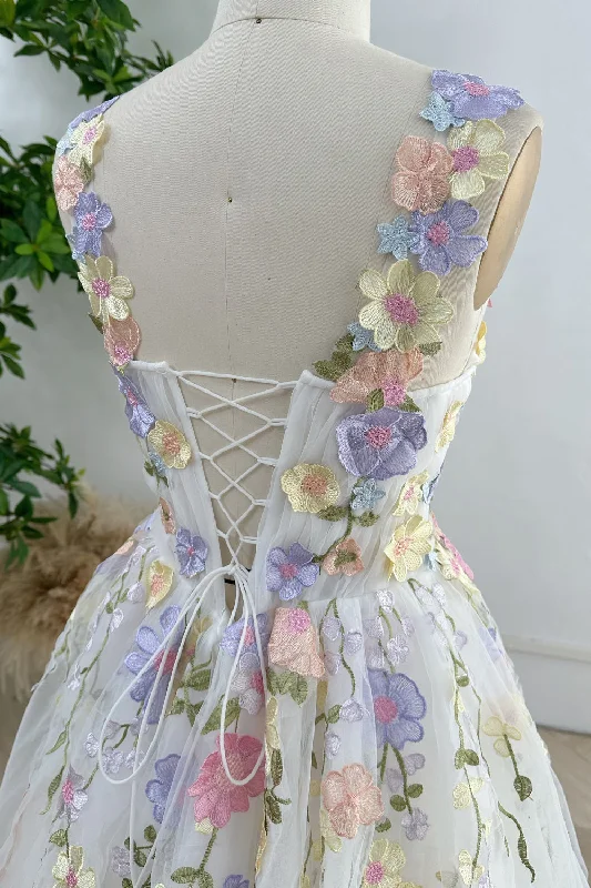 Lavender Embroidery Floral Corset Mini Dress with Removable Straps