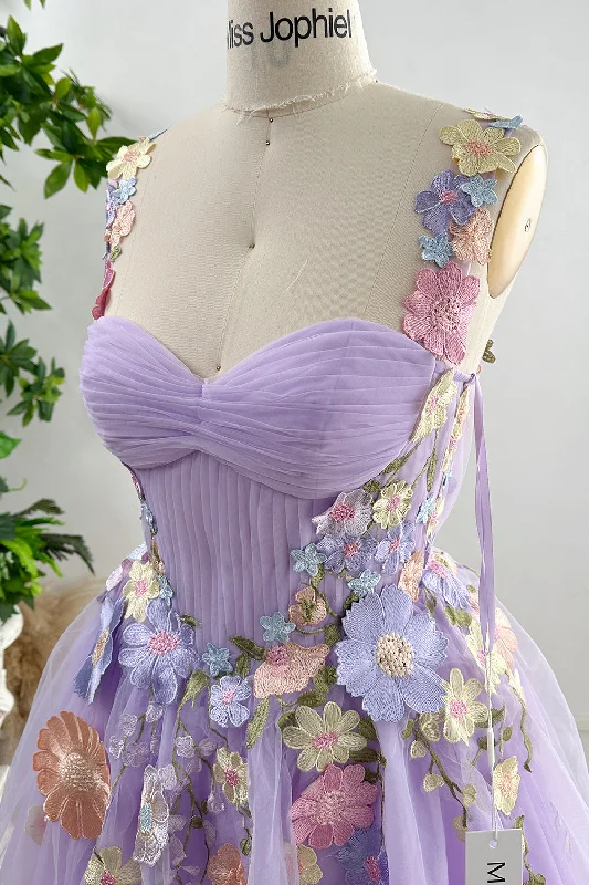 Lavender Embroidery Floral Corset Mini Dress with Removable Straps