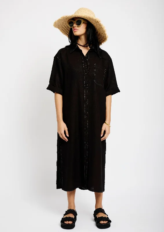 Linen Shirt Dress in Black