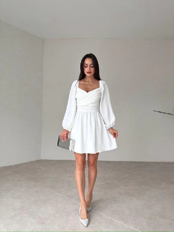 Long Sleeve Mini VİNDOLANDA White Dress REF : 9456