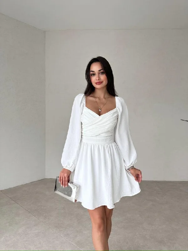 Long Sleeve Mini VİNDOLANDA White Dress REF : 9456