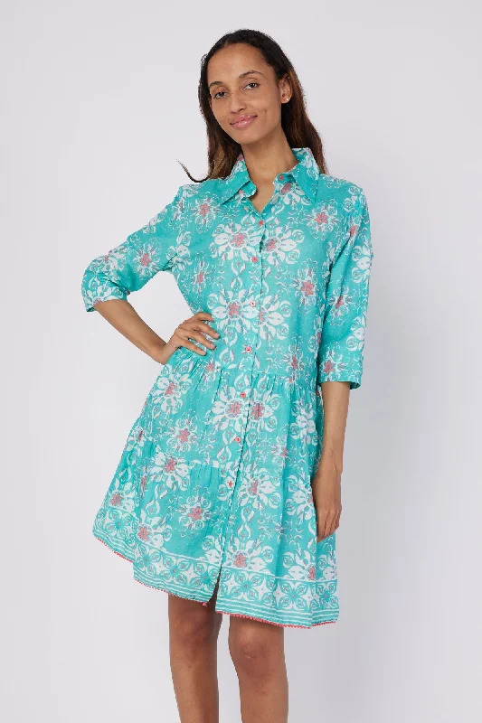 Alcee 3/4 Frill Sleeve Knee Length Dress with Relaxed Collar in French Majolica