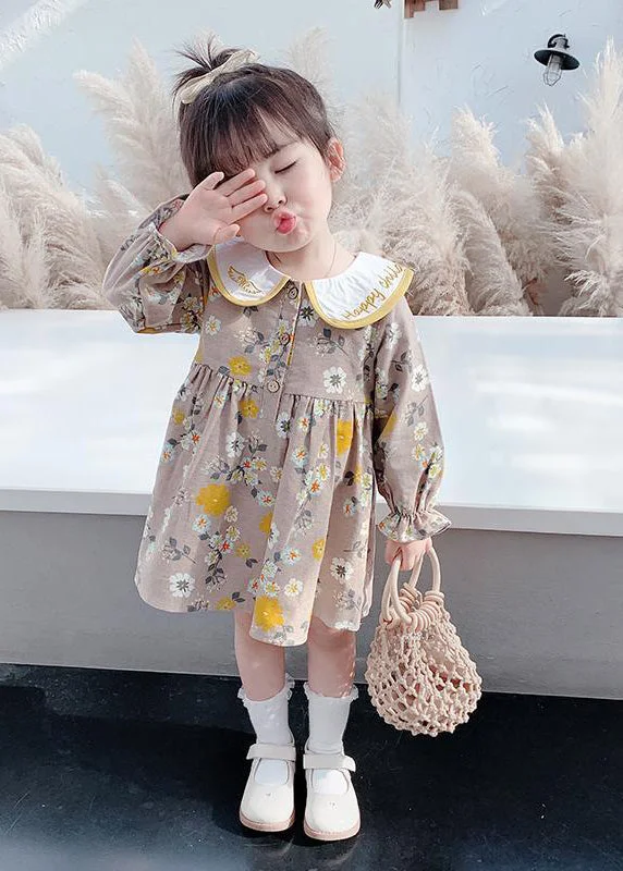 Modern Brown Embroideried Print Girls Vacation Long Dresses Long Sleeve SS1038