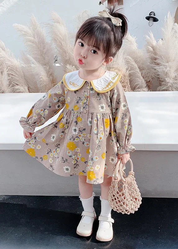 Modern Brown Embroideried Print Girls Vacation Long Dresses Long Sleeve SS1038