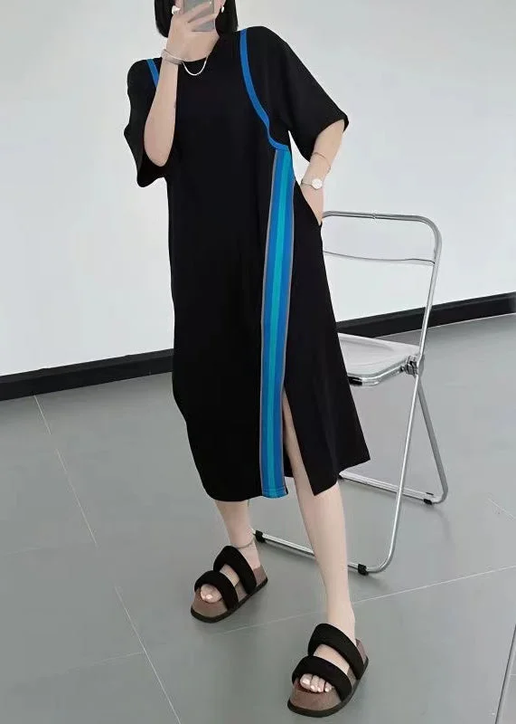 Natural Black O-Neck Asymmetrical Patchwork Cotton Dresses Summer WW1024