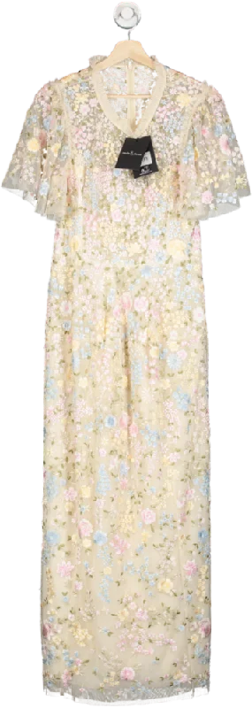 Needle & Thread Cream Secret Garden Embroidered Short Sleeve Floral Ankle Gown UK 16