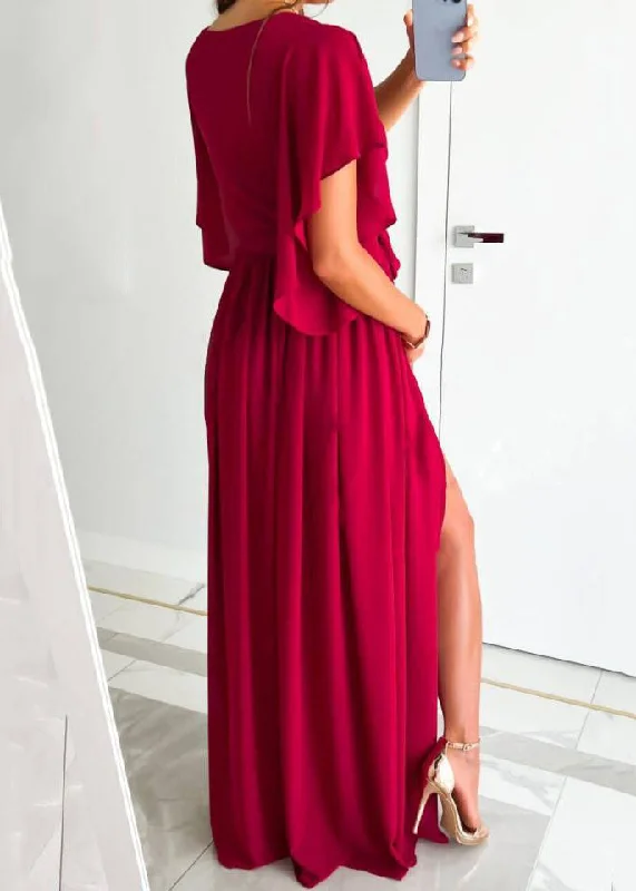 New Red V Neck Tie Waist Side Open Cotton Maxi Dress Summer BB035