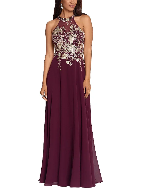 Petites Womens Embroidered Long Evening Dress