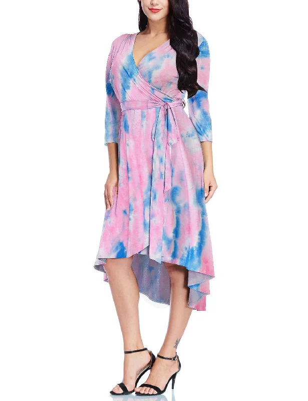 Pink Tie-Dye High-Low Plus Size Wrap Skater Dress