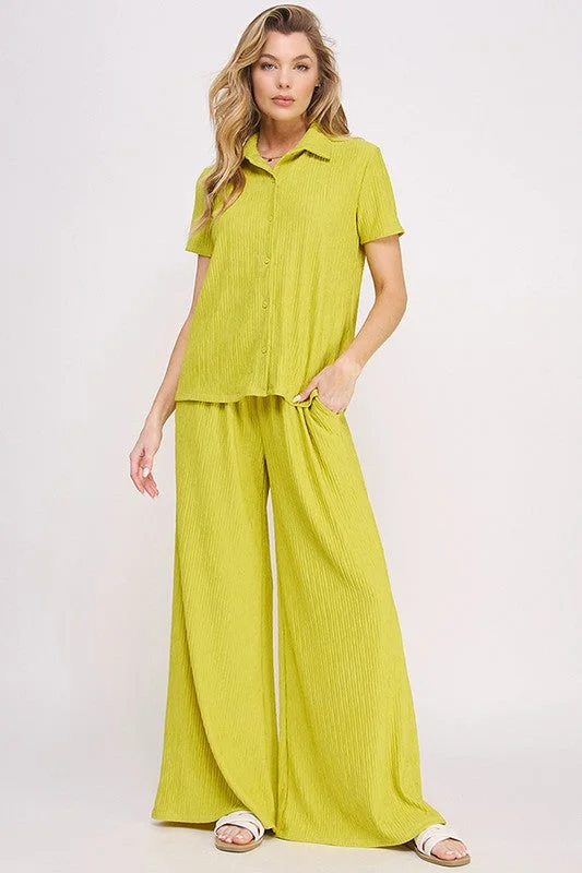 *Textured Short Sleeve Button Down + Wide Leg Pants Set - Lovelier