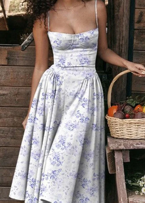 Sexy Blue Print Bustier Top Cotton Spaghetti Strap Dress Sleeveless WW1044