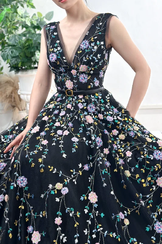 Sleeveless V Neck Colorful Sequin Floral Black Dress