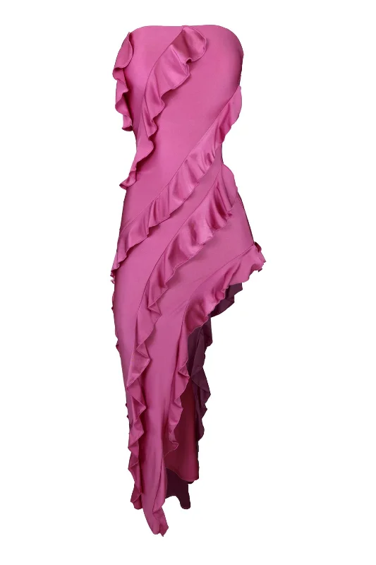 Surrender to Pink Ruffled Tubed Long Dress