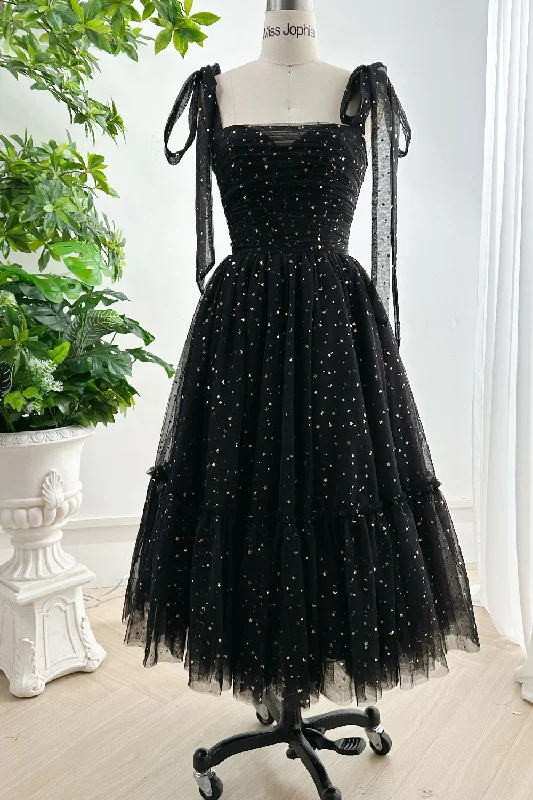 Black White Sweetheart Tulle Midi Formal Dress with Removable Straps Black