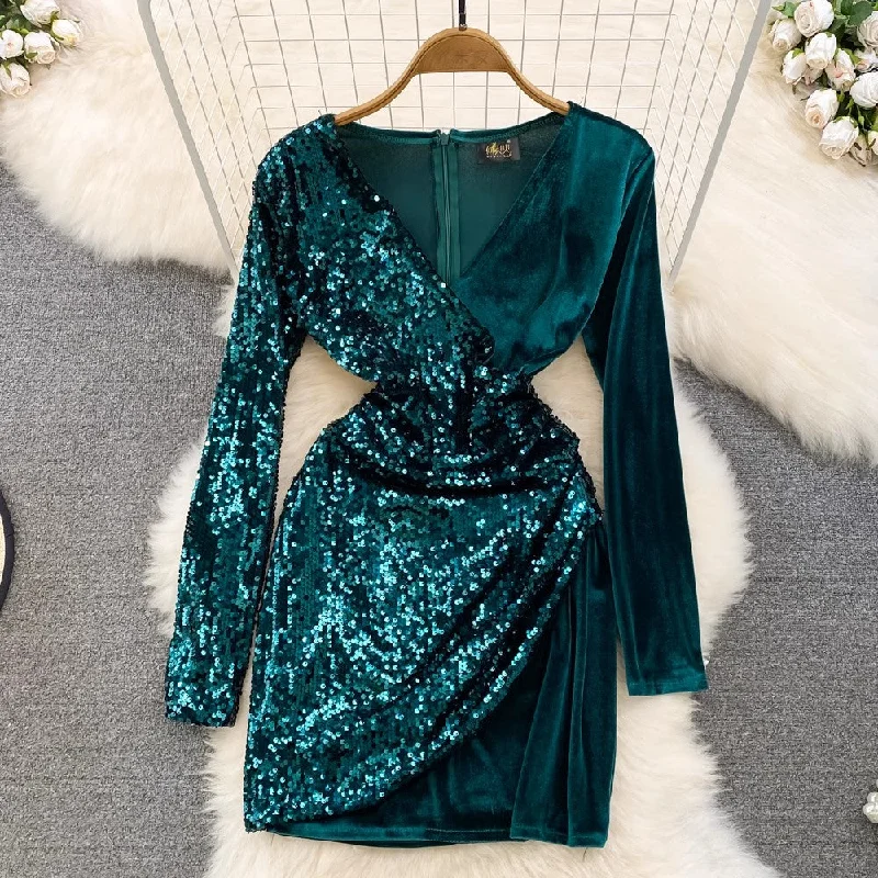 V-neck sparkling sequin velvet dress for women       S4313