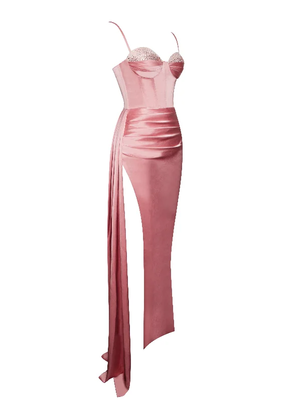 Vanity Blush Pink Satin High Slit Draping Corset Gown With Crystals