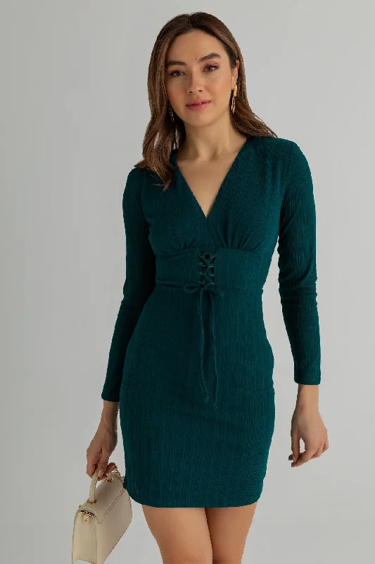 Waistcoat Front Tie Dress - EMERALD GREEN REF : BCW196ELB0001201