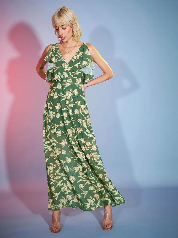 Women Olive Floral Frill Sleeve Maxi Dress