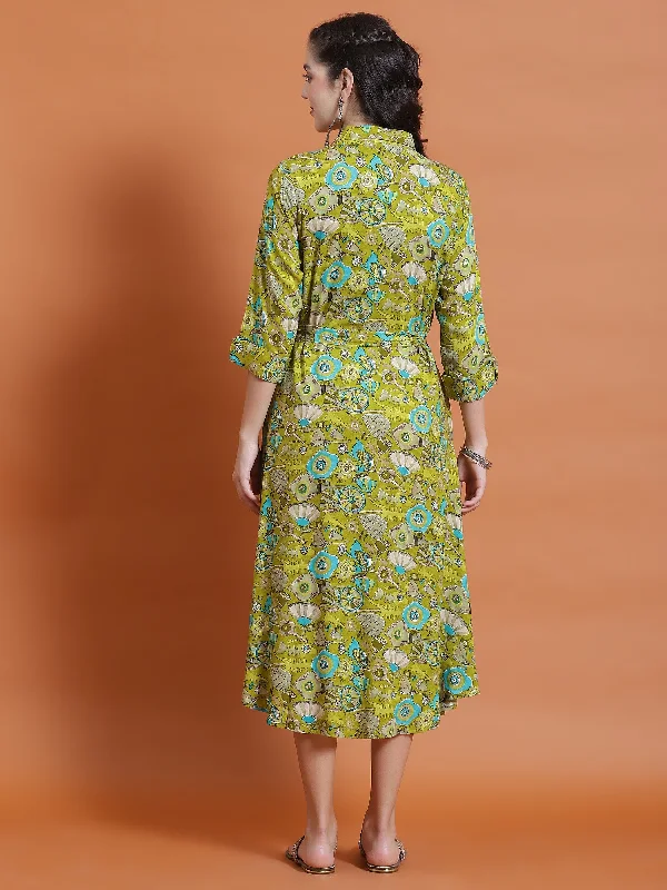 Women Olive Floral Print Dress