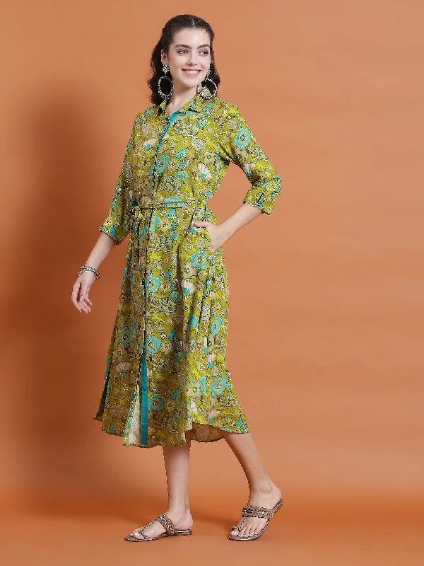 Women Olive Floral Print Dress