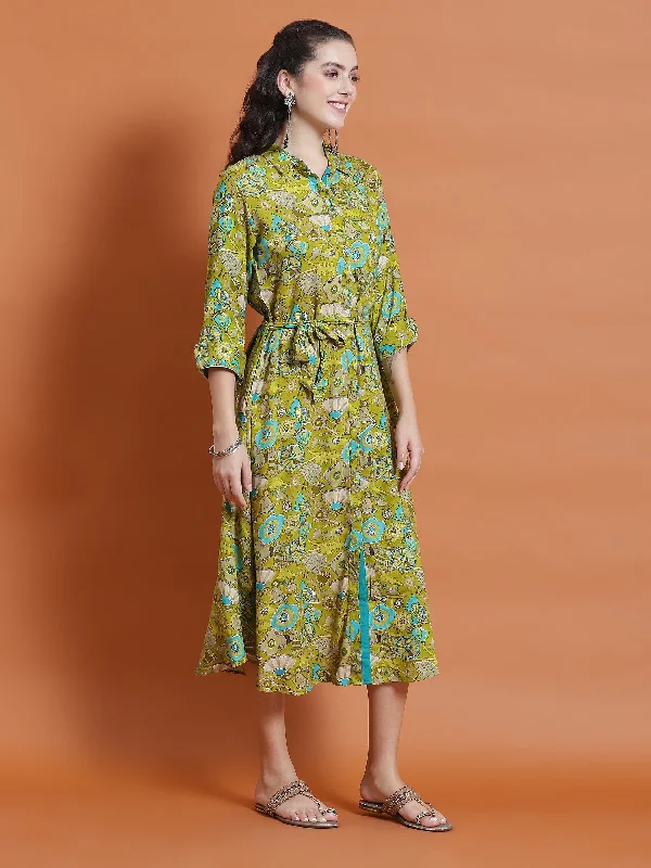 Women Olive Floral Print Dress