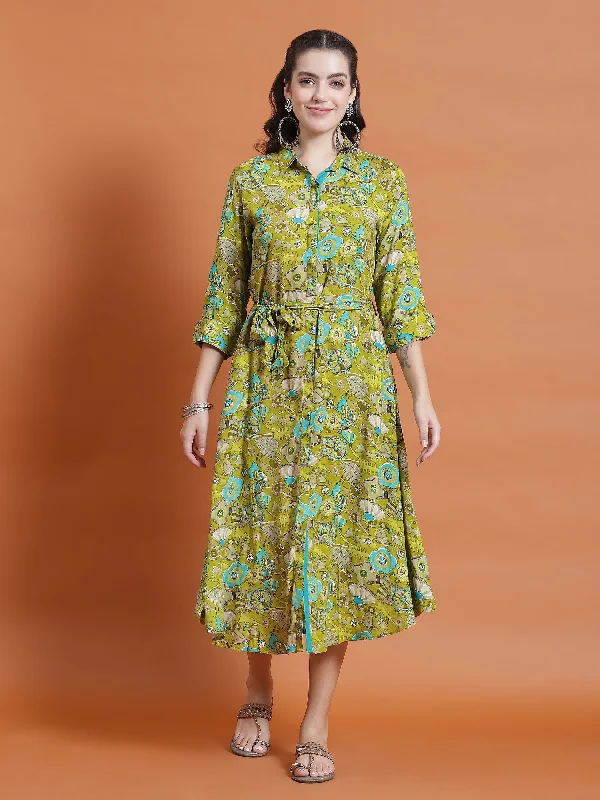 Women Olive Floral Print Dress