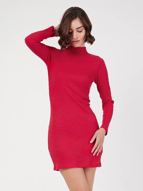 Women Red Rib Turtle Neck Short Dress