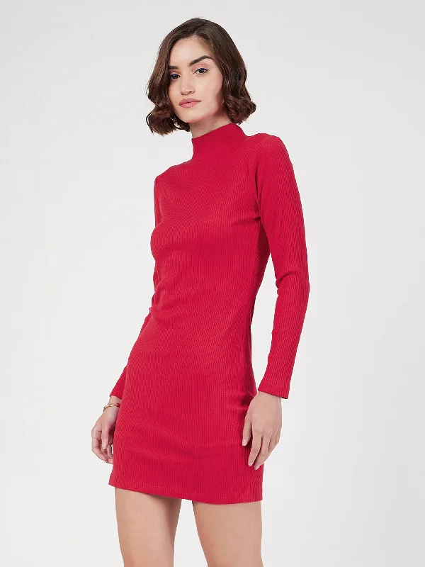 Women Red Rib Turtle Neck Short Dress