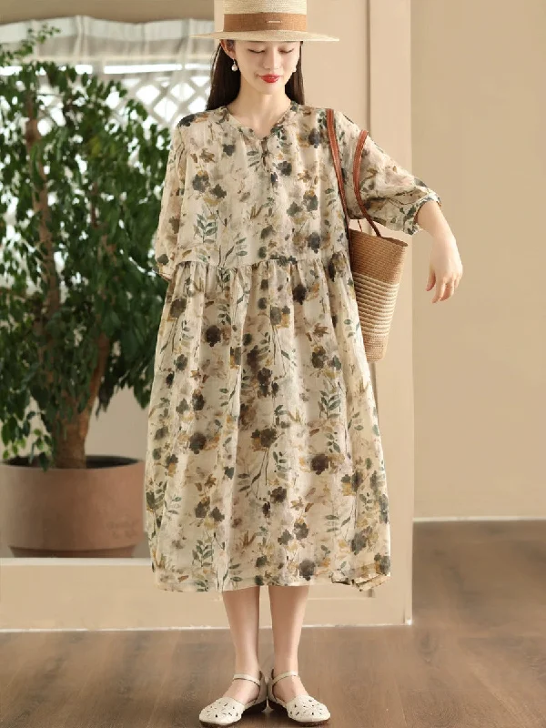 Women Summer Artsy Floral V-Neck Loose Ramie Dress LL020