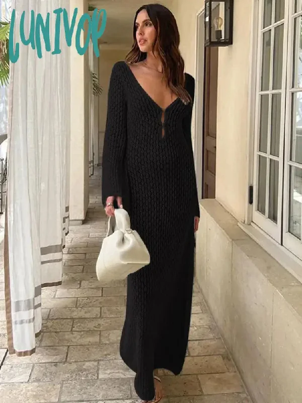 Lunivop Crochet Hollow Out Long Dresses Women 2024 New O-neck Backless Slim Transparent Holiday Dress Elegant Fashion Beach Cover-up