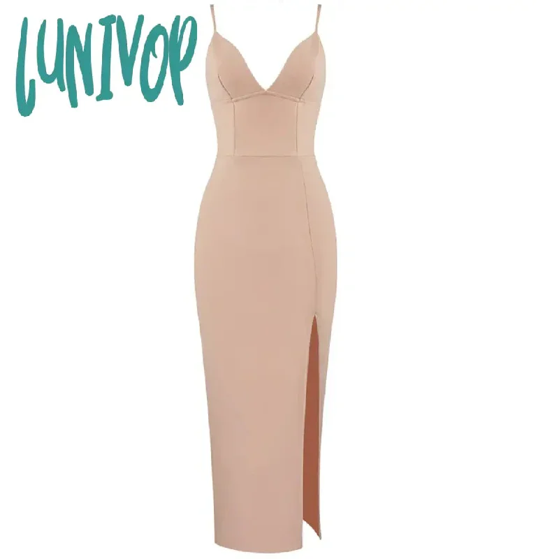 Lunivop Women Summer Sexy Sleeveless V Neck Split Knee Length Midi White Bodycon Bandage Dress Fashion Party Dress Vestido